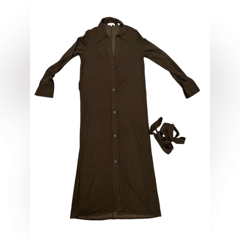 LN Vince Midi Brown Shirtdress Long Sleeve Brown Button Italian Viscose S Small - Picture 8 of 12